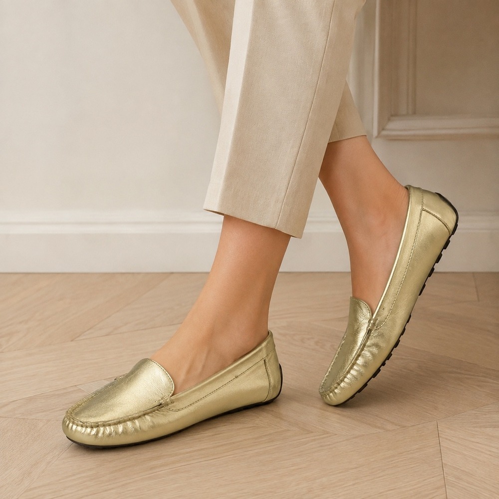 Lauren Ralph Lauren Gold Leather Driving Loafers Moccasin Luxury Flats Size 8.5